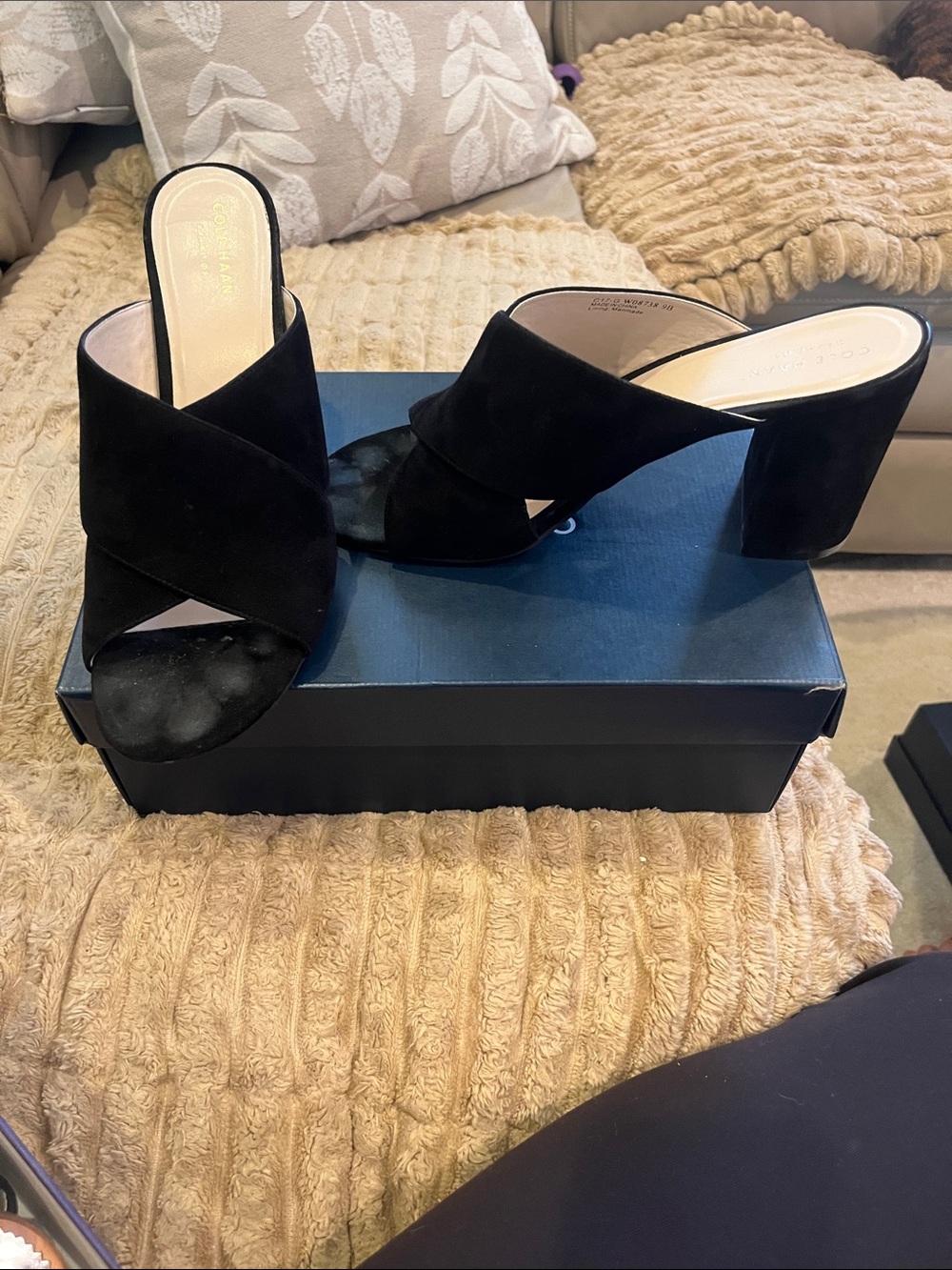 Black Suede Crisscross Block Heel Mules